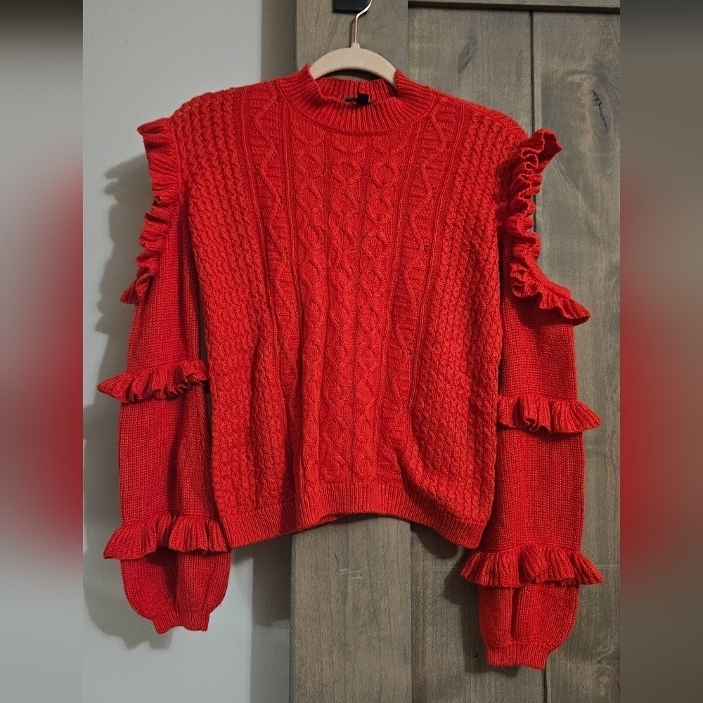 Express Red Cable Knit Cold Shoulder Ruffle Sweater XS - Picture 4 of 11